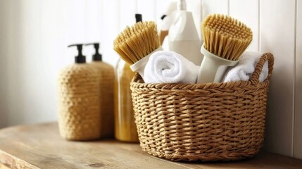 Obraz premium Basket of eco-friendly cleaning supplies including brushes, bottles, and towels on a wooden table ideal for spring cleaning in various areas.