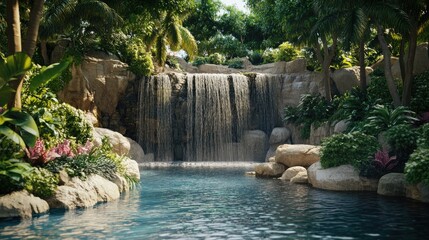 A serene waterfall cascading over rocks surrounded by lush foliage and vibrant plants, creating a peaceful natural oasis.