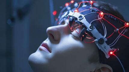 Person with EEG headset monitoring brain waves, showcasing technology for tracking cerebral activity with illuminated sensors.
