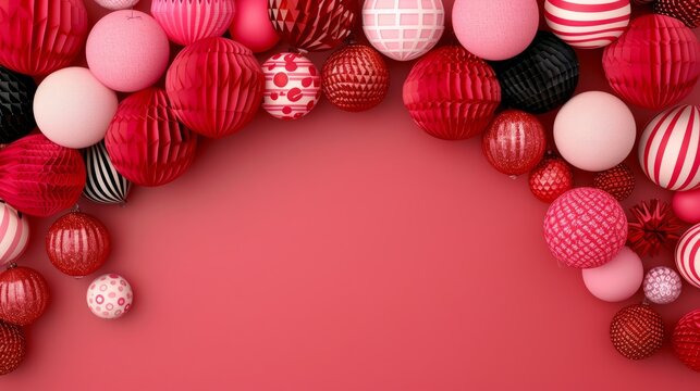 Festive arrangement of red and pink decorative balls.