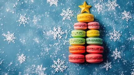 Colorful macaron Christmas tree design on a blue snowflake backdrop, perfect for festive holiday greetings with ample space for customized messages.