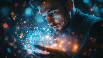 businessman examines futuristic gadget, showcasing technology and innovation. glowing sphere represents data and connectivity, creating sense of wonder and curiosity