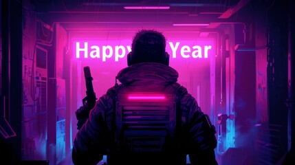 Obraz premium Futuristic figure with gun under neon 