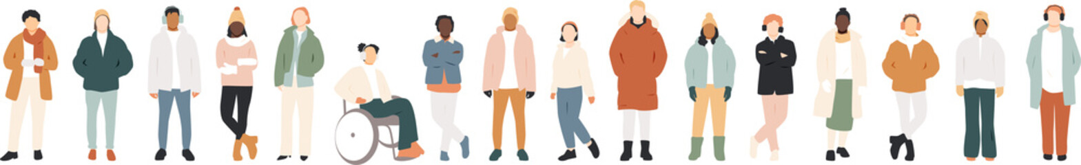 Different people in winter clothes. Modern design.