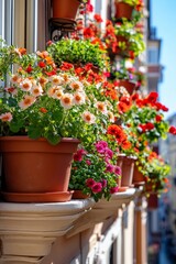 Flower pots with blooming geraniums on a bright balcony in the city