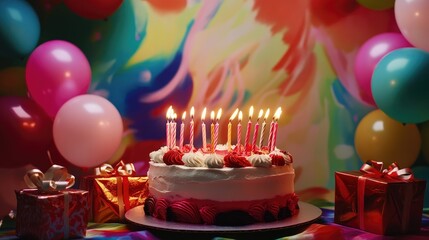 Colorful festive cake with lit candles surrounded by wrapped gifts and balloons against a vibrant, artistic background.