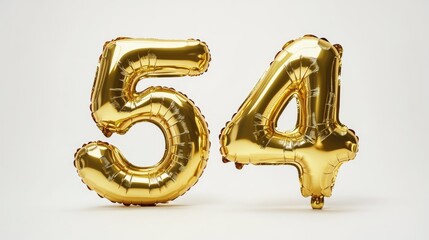 Golden inflatable balloons in the shape of the numbers 5 and 4, perfect for celebrating birthdays, anniversaries, and other festive occasions against a white background.