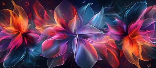 Vibrant abstract floral artwork with glowing, translucent petals in red, orange, pink, blue, and purple hues.