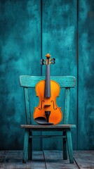 Vintage Wooden Chair with a Beautiful Violin Placed on It Against a Blue Textured Background, Perfect for Music and Art-Themed Projects