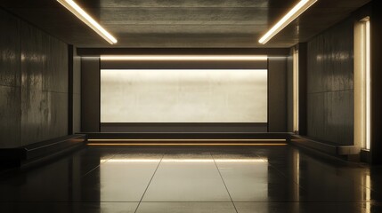 Sleek modern space featuring a large empty billboard framed by ambient lighting, ideal for advertising displays in a minimalist environment.