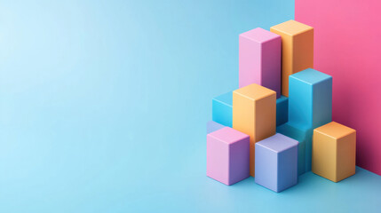 Obraz premium A colorful arrangement of geometric blocks in pastel shades, set against a dual-colored background of pink and blue.