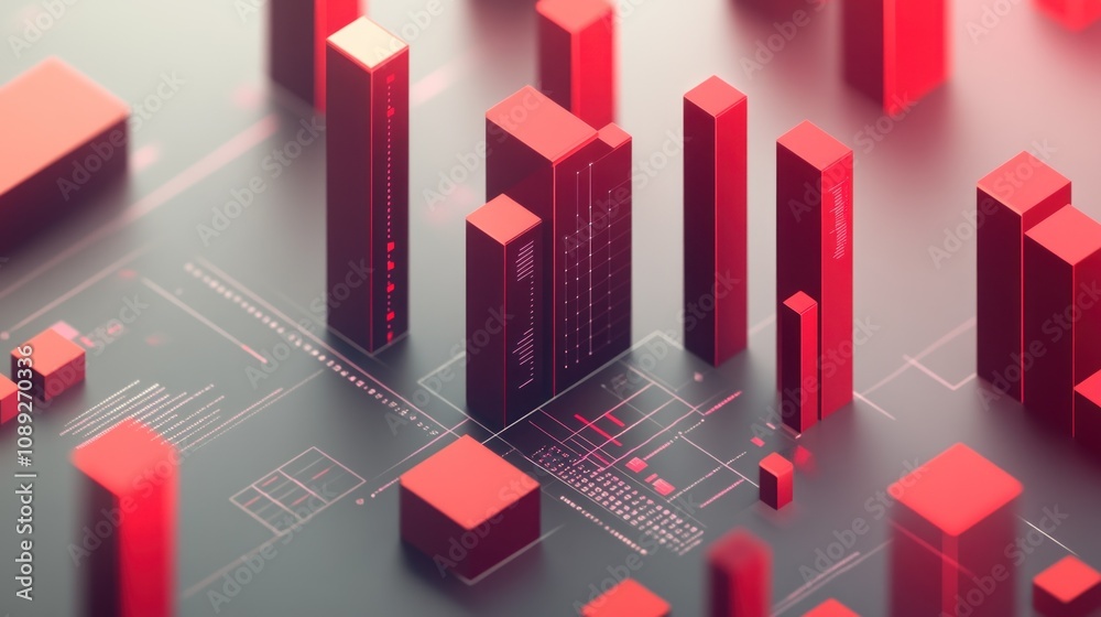 Poster Abstract representation of a cityscape with red geometric structures and technical blueprints.