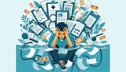 Illustration of overwhelmed person drowning in a sea of medical bills and documents, reflecting financial stress and healthcare burden