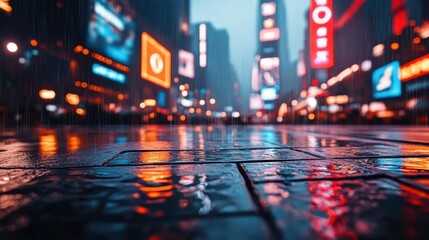 Obraz premium Vibrant Rainy Night in Times Square with Neon Lights Reflecting on Wet Pavement Capturing the Energy of Urban Life in an Iconic Setting