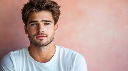 Fototapeta premium Young man with tousled hair wearing a white t-shirt, posing confidently against a soft pastel background.