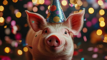 Playful pig wearing a colorful party hat, surrounded by festive confetti and soft bokeh lights, exuding a joyful and celebratory mood.