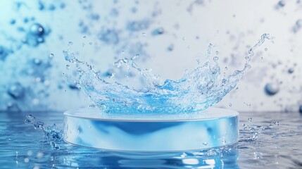 3D abstract background showcasing a podium with a vibrant blue water splash, perfect for cosmetic product displays and promotional banners.