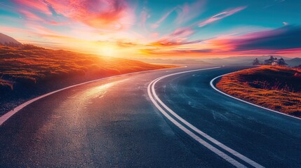 Winding asphalt road leads to vibrant sunset over hills.