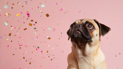 Pug dog with alert expression amidst colorful confetti at a festive birthday celebration with a pink backdrop, featuring blank space for promotional text.