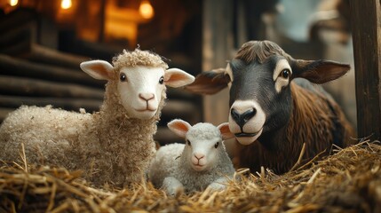Nativity scene with a fluffy sheep, a baby sheep, and a gentle ox amidst straw, capturing a warm, serene atmosphere of kindness and tranquility.
