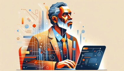 Illustration of an experienced worker contemplating modern technology, showcasing the concept of ageism in tech with vibrant colors