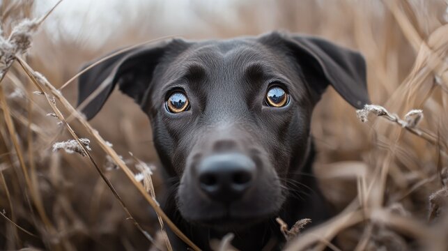 Curious Black Dog with Expressive Eyes Sniffs Surroundings in Tall Dry Grass Capturing a Moment of Exploration and Caution in Nature - Powered by Adobe