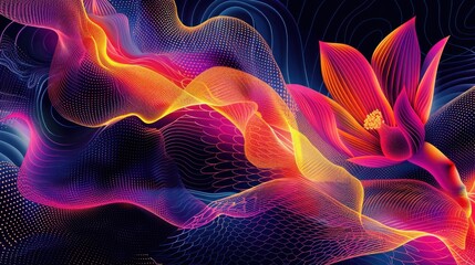 Fototapeta premium Abstract vibrant flower with glowing wavy lines.