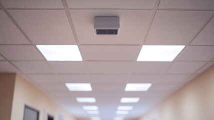 Ceiling-mounted projector in a spacious meeting room with bright overhead lights, showcasing its sleek design and functionality for presentations and cinema use.