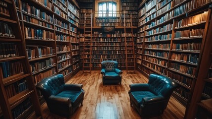 Elegant library interior with wooden staircases and cozy leather armchairs, creating an inviting atmosphere for avid readers and history enthusiasts.