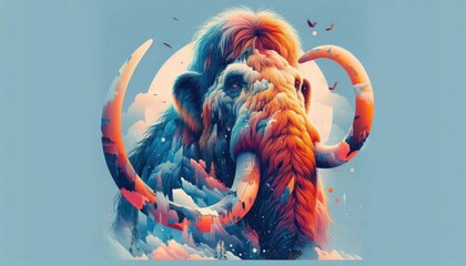 Genetically-revived woolly mammoth in vibrant colors, representing rewilding efforts and prehistoric life on a minimalist background, with clouds and birds enhancing the cinematic visual impact.