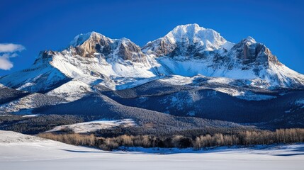 Majestic Snow-Capped Mountain Range Against a Clear Blue Sky with Lush Green Valley Below and Expansive Snowy Landscape