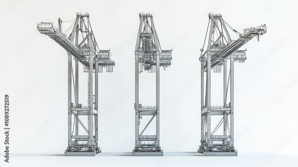 Aufkleber three industrial cranes designed for loading and unloading cargo containers at ports.