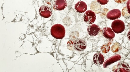 Red blood cells and white blood cells in motion against a clear background, showcasing the unique structure and flow of erythrocytes and leukocytes in the bloodstream.