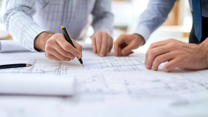 Fototapeta premium Collaborative design process in an office setting with detailed architectural plans