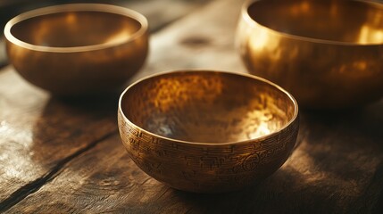 Tibetan singing bowls arranged on a rustic wooden surface, showcasing intricate details and textures for sound therapy and meditation relaxation