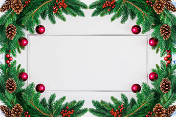 Christmas frame with fir branches, red berries, and pinecones on a white background, featuring a blank space in the center for text, perfect for holiday greetings and festive designs
