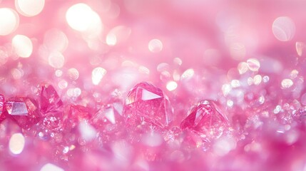Close-up of sparkling pink crystals creating a luxurious ambiance, accented by soft bokeh lighting that enhances the overall elegance and charm.