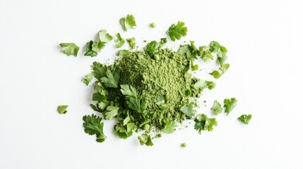 Obraz premium Coriander powder heap surrounded by fresh green cilantro leaves on a bright white background viewed from above