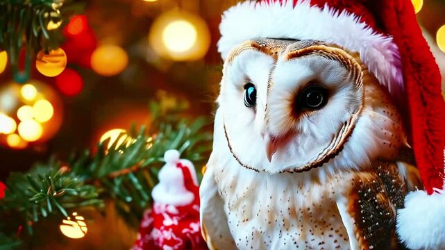 Noble white owlet with Christmas gifts in a festive interior