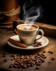 Cup of coffee on wooden table with cinnamon