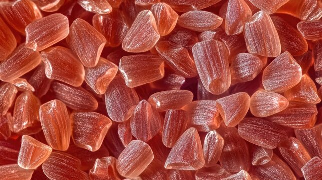 Microscopic view of red wholegrain rice grains showcasing intricate textures and shapes under 18mm magnification.
