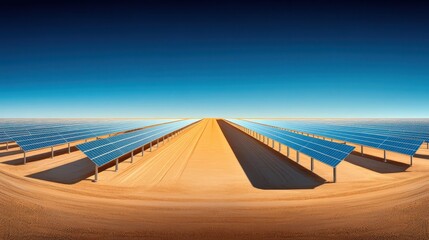 Solar panels in a desert, shimmering under a clear blue sky with minimal aesthetic