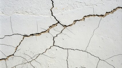Crack wall surface with prominent ridges and grooves set against a smooth white background, construction material, ridged texture, stone detailing, rugged exterior, aged look