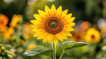 Vibrant closeup of a yellow sunflower standing tall amidst a lush flower garden, showcasing vivid summer colors and a blurred floral backdrop ideal for text space.