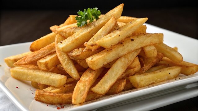 Crisp cajun french fries arranged in a neat pile on a white plate, wellness, lunchbox