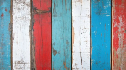 Close up of a weathered wooden wall featuring distressed paint in vibrant red, white, and blue stripes, highlighting rustic charm and texture.