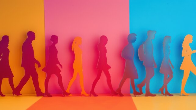 Silhouettes of diverse people on a vibrant, colorful graphic background with abstract shapes.

