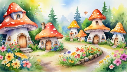 Whimsical mushroom houses in vibrant garden setting with colorful flowers