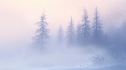 Obraz premium Misty landscape of frozen trees enveloped in ethereal fog, creating a haunting and atmospheric scene reminiscent of Halloween magic.