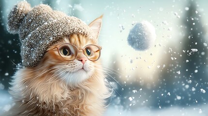 A digital illustration of a charming cat wearing glasses and a cozy hat, set against a snowy winter landscape as it embarks on a magical adventure.